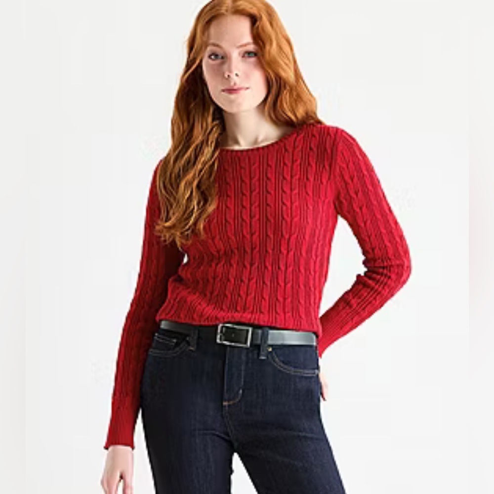 St. John's Bay Women’s Red Cable Knit Crewneck Pullover Sweater! Size XL.